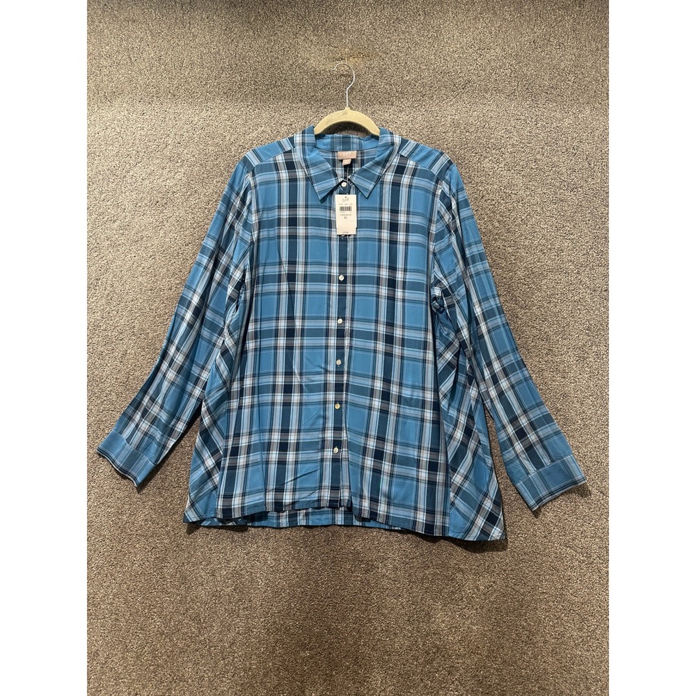 J. Jill Blue Plaid Button Front Shirt Long Sleeve Rayon XL Office Preppy